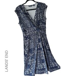 LANDS’ END | NWOT SLEEVELESS TWIST FRONT DRESS COTTON JERSEY NAVY & WHITE MEDIUM